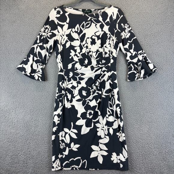 Lauren Ralph Lauren Dresses & Skirts - Ralph Lauren Sheath Dress Gray Floral Ruched Stretch V Neck Artsy Classic Career